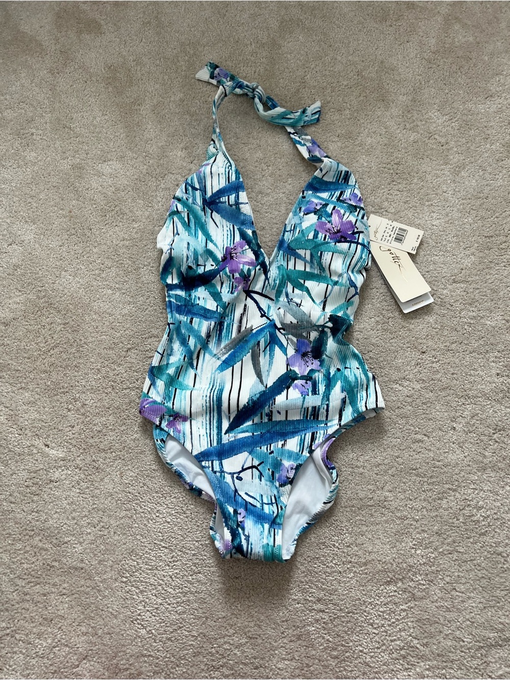 Gottex Blue Teal Floral Halter One-Piece Swimsuit